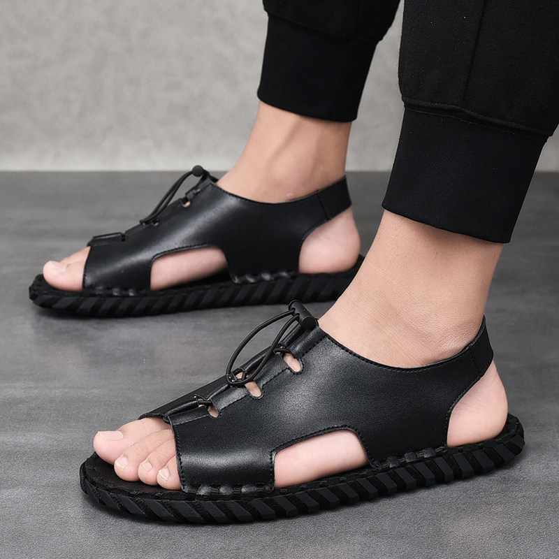 Summer Men's Sandals Men Genuine Leather Summer New Casual Soft Bottom Rome Cool Leather Shoes Softbottom Beach Shoes Han Prints