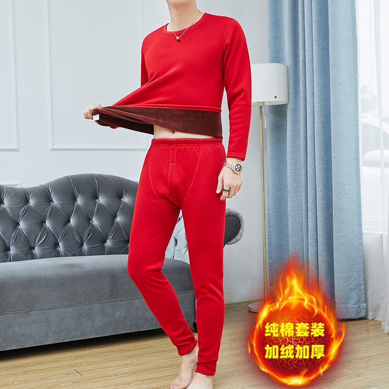 Winter natal year thermal underwear set men's fleece thickened close-fitting cold-proof tiger year big red autumn clothes and johns