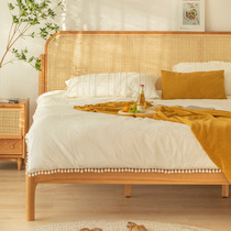Japanese-style rattan bed solid wood bed small apartment home 1 5 meters 1 8 meters log double bed retro simple master bedroom bed
