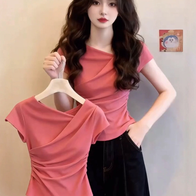 French-Style Raspberry Pink Asymmetrical Neckline Short-Sleeve T-Shirt for Women, Summer Short Design with Pleated Waist, Dopamine Top French-Style Raspberry Pink Asymmetrical Neckline Short-Sleeve T-Shirt for Women, Summer Short Design with Pleated Waist, Dopamine Top