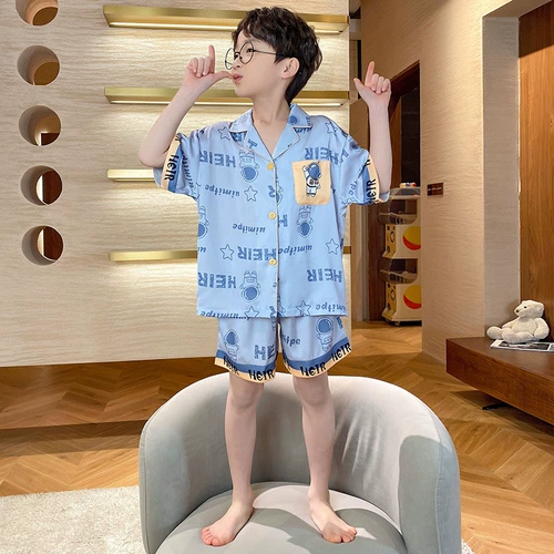 Летняя пижама для мальчиков, шелковый тонкий детский комплект, короткий рукав, подходит для подростков