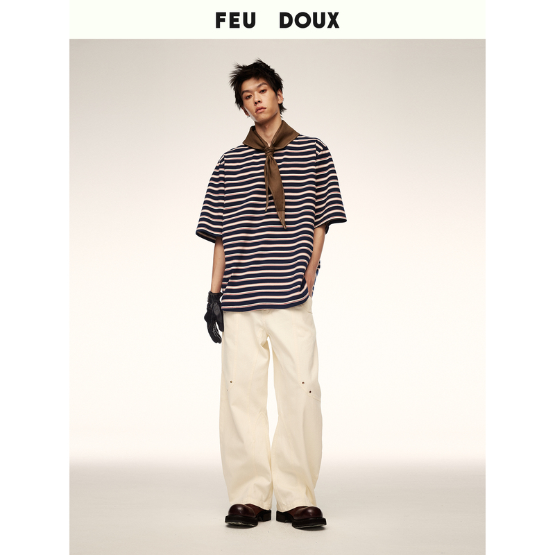 Feu Doux Wide-Fit Basic Casual Round-Neck T-Shirt Spring and Summer Striped Short-Sleeve Unisex Style