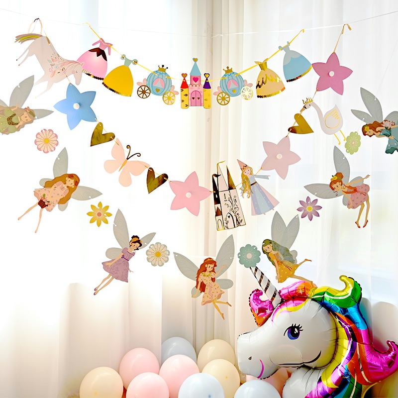 Birthday decoration pull flag children's party scene layout canvas strip girl princess pull flower happy birthday bunting