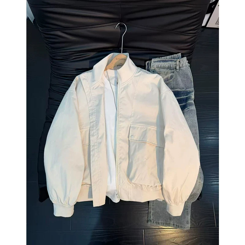 Off-White Cleanfit Large Pocket Workwear Jacket for Men, Spring and Autumn, High-End American-Style Stand Collar Baseball Jacket Off-White Cleanfit Large Pocket Workwear Jacket for Men, Spring and Autumn, High-End American-Style Stand Collar Baseball Jacket