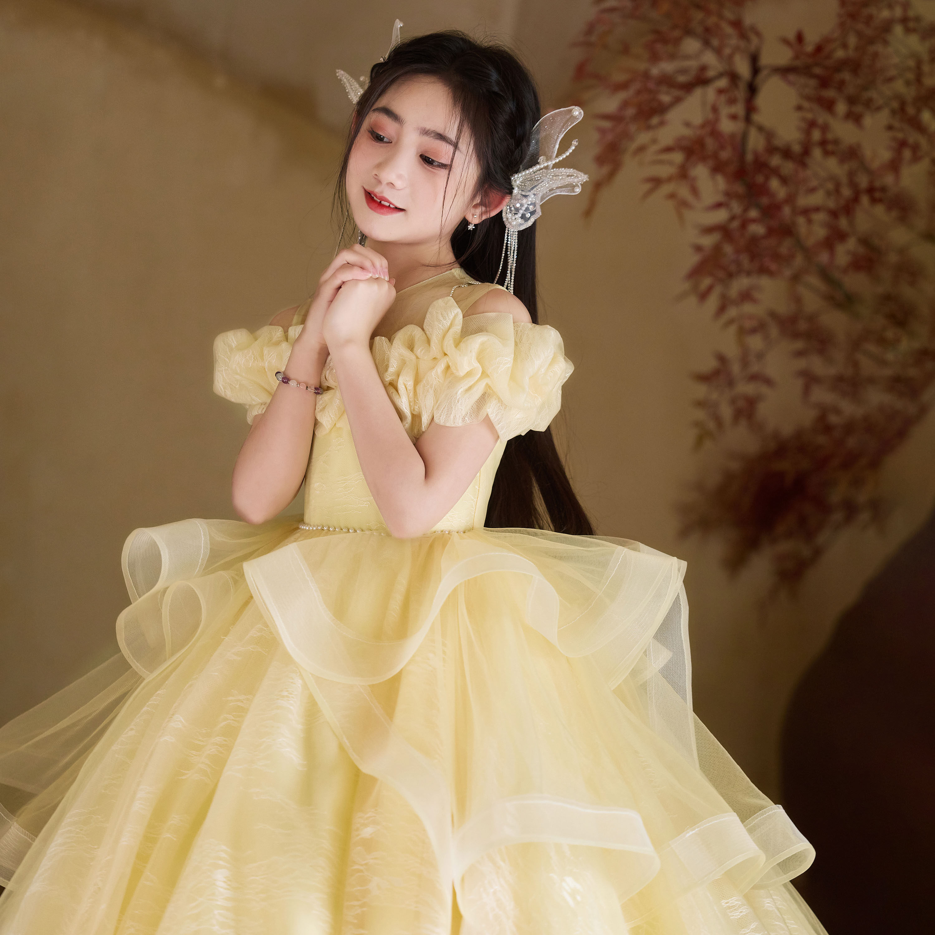 strapless open back dress Yellow Short Wedding Dress Tea Length Tulle Prom Dresses Princess Even –  SELINADRESS main image 0