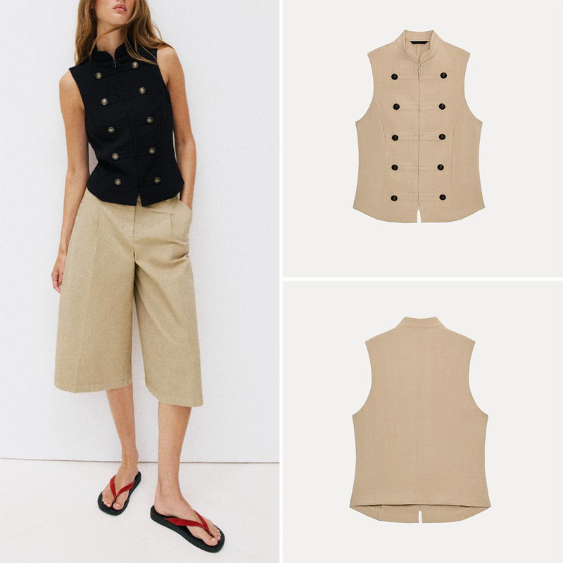 Cabinet 109! Women's 2026 New Summer Outfit High-Neck Sleeveless Solid Color Casual Button-Up Shirt 7969223