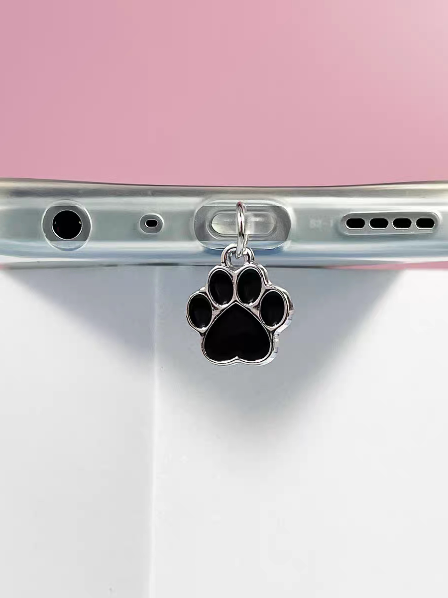 Metal Black and White Cat Paw Phone Dust Plug Charging Port Cover Pendant for Apple, Huawei, Type-C, Android