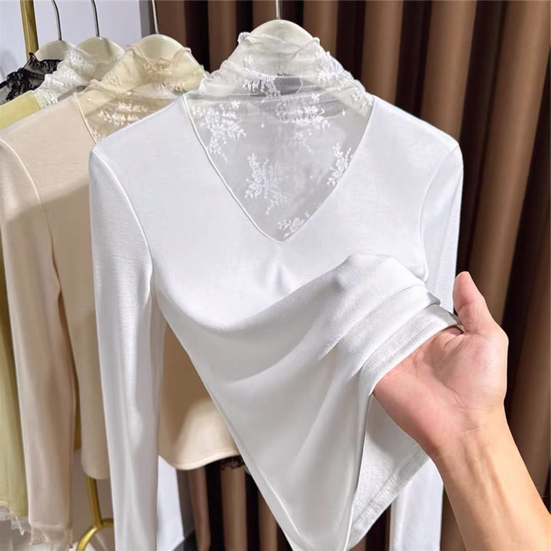 Half-High Collar Fleece-Lined Lace Base Shirt for Women, New Spring and Autumn Style, Layered Hollow-Out Mesh Top