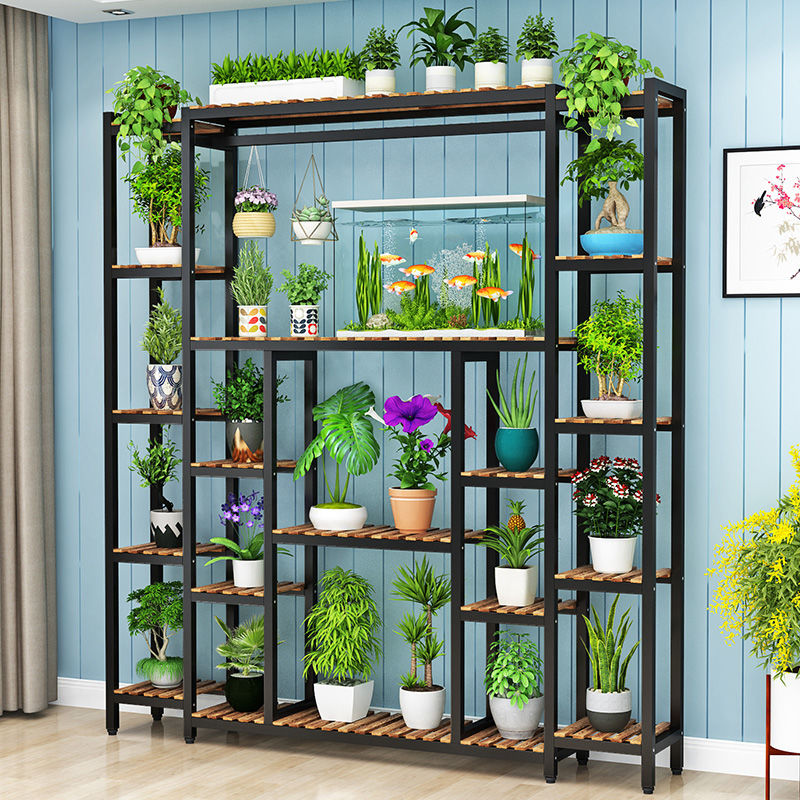 Xinjiang flower stand balcony wrought iron multi-layer hanging orchid solid wood carbonized green dill hanging basket succulent floor living room flower shop