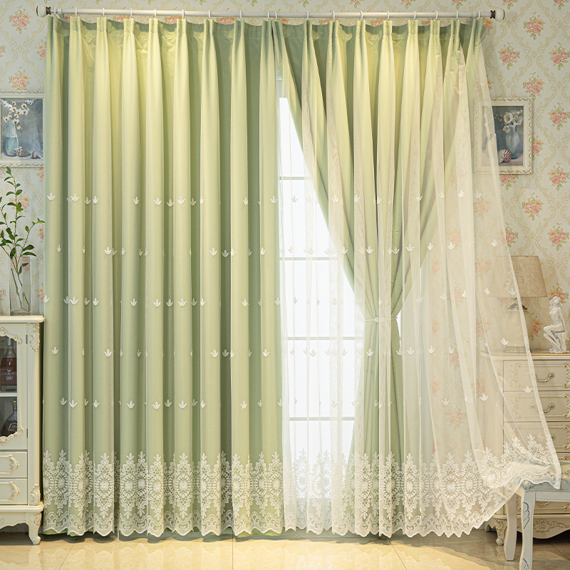 Curtains with Blackout Fabric and Sheer in One, for Bay Windows, Living Room, Bedroom, Pastoral Style, Solid Color, Double-Layer Embroidered Sheer Curtains, Simple 2026 New Model