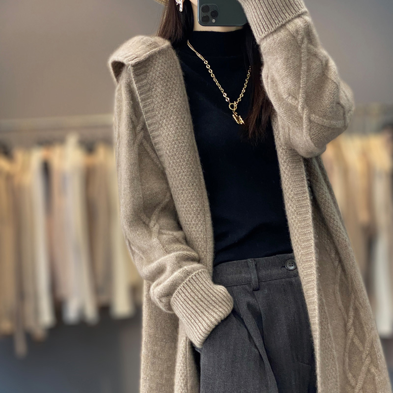 2026 Autumn and Winter New Mid-Length Cashmere Cardigan Women's Mid-Length Hooded Twisted Knit Jacket Over-The-Knee Wool Coat 2026 Autumn and Winter New Mid-Length Cashmere Cardigan Women's Mid-Length Hooded Twisted Knit Jacket Over-The-Knee Wool Coat