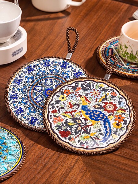Ceramic Heat Insulation Mat, Retro Chinese Style, Anti-Scalding, High Temperature Resistant Dining Table Mat, Cup Mat, Pot and Plate Mat, High-End Enamel Mat