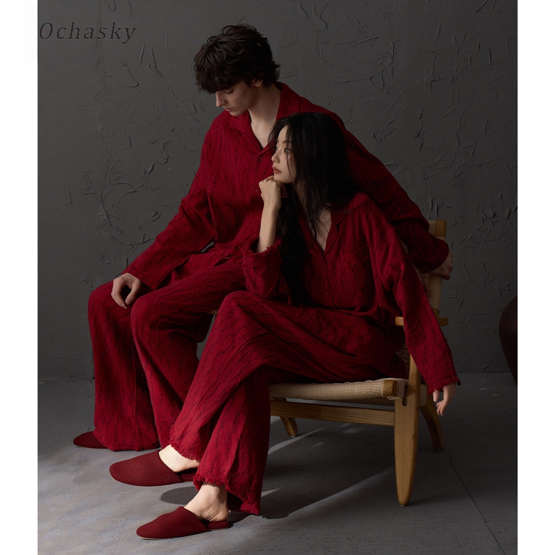 French Pure Cotton Red Pajamas for Women, 2026 New Autumn Cotton Silk Wedding Couple High-End Home Wear Set French Pure Cotton Red Pajamas for Women, 2026 New Autumn Cotton Silk Wedding Couple High-End Home Wear Set