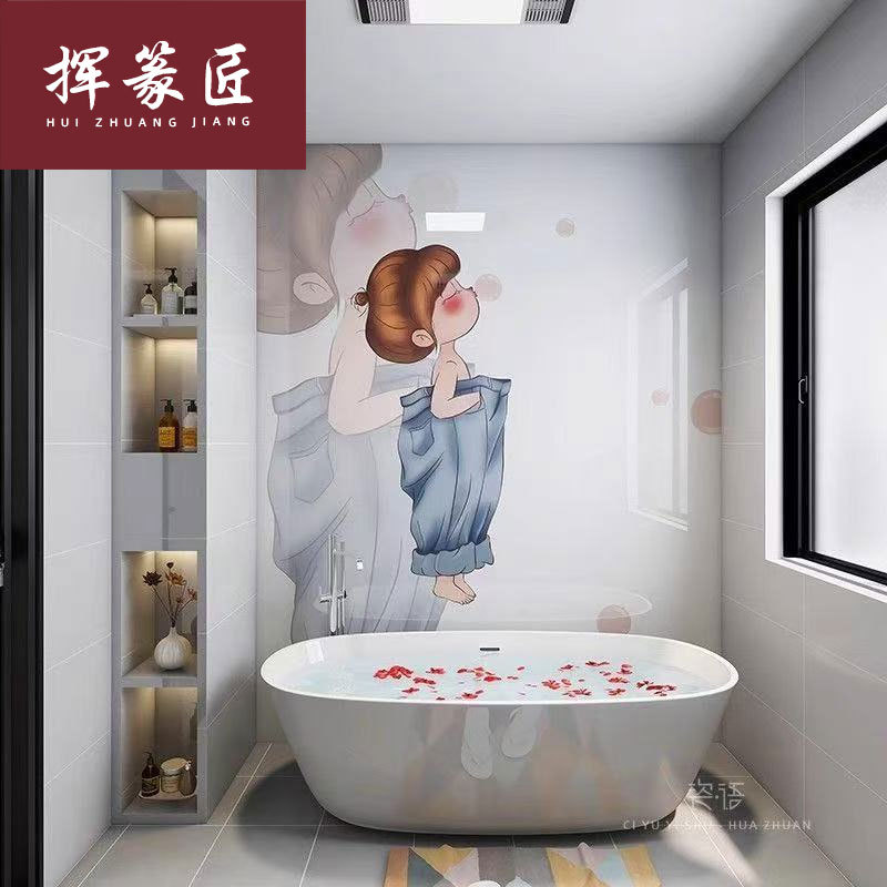 Cartoon Girl Blowing Bubbles, Cute Bathroom Balcony Tile, Bathroom Background Wall Tile, Personalized Art Mural Tile