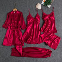 With Chest Cushion Pyjamas Woman Spring Autumn Summer Five Pieces Ladies Silk Sleepwear Sexy Pendant With Skirt Long Sleeve Pyjamas home Gun