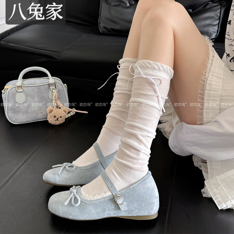 Ballet-Style Bowknot Calf Socks for Women, White Slouch Socks, Miu-Style Mesh Breathable Summer Socks to Match with Small Leather Shoes