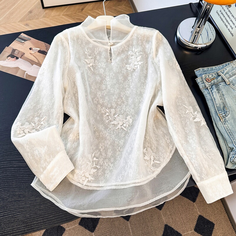 2026 Spring and Summer New High-End Elegant Organza Long-Sleeved Blouse with Gentle Lace and Sequin Embroidery White Shirt for Women