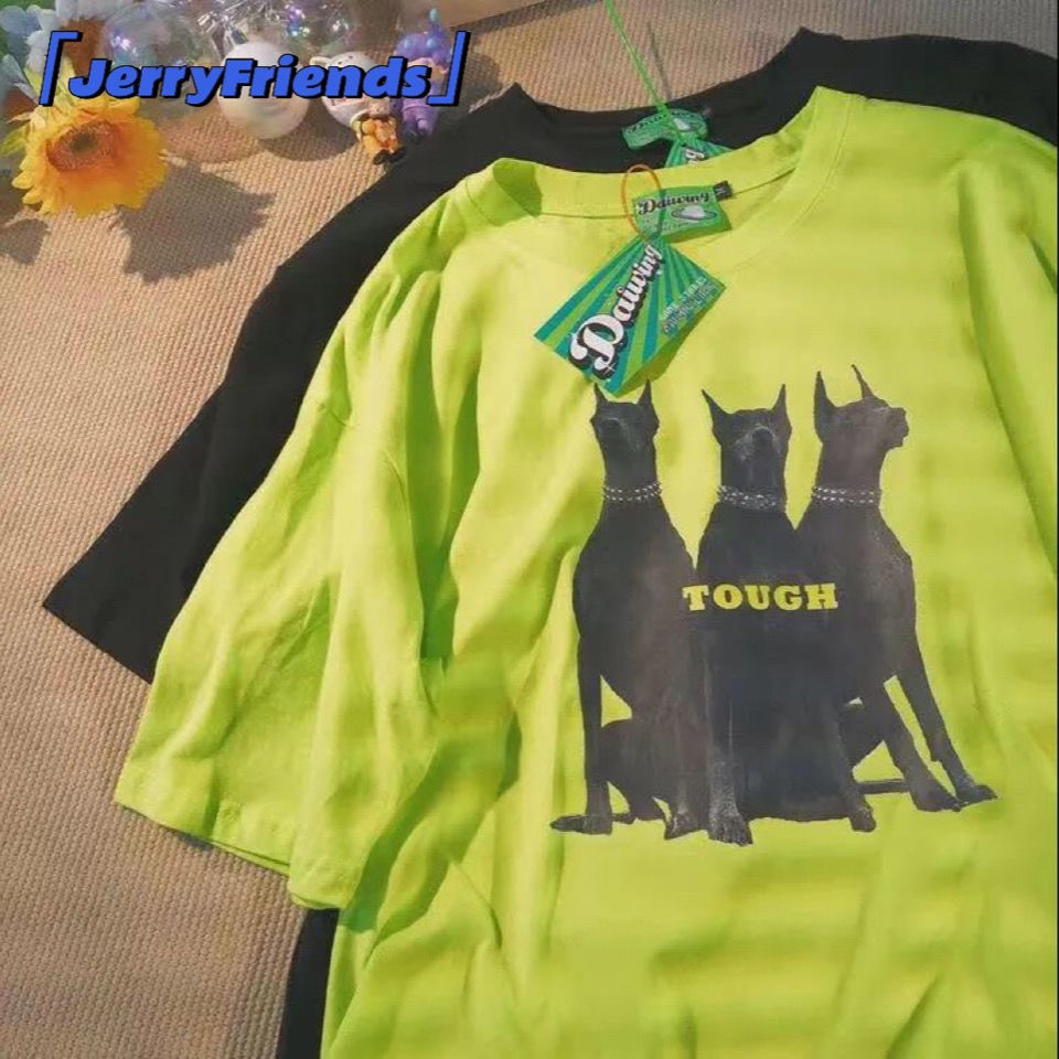 JerryFriends retro Hong Kong style Harajuku style net red Korean version fluorescent color printing loose short-sleeved couple shirts