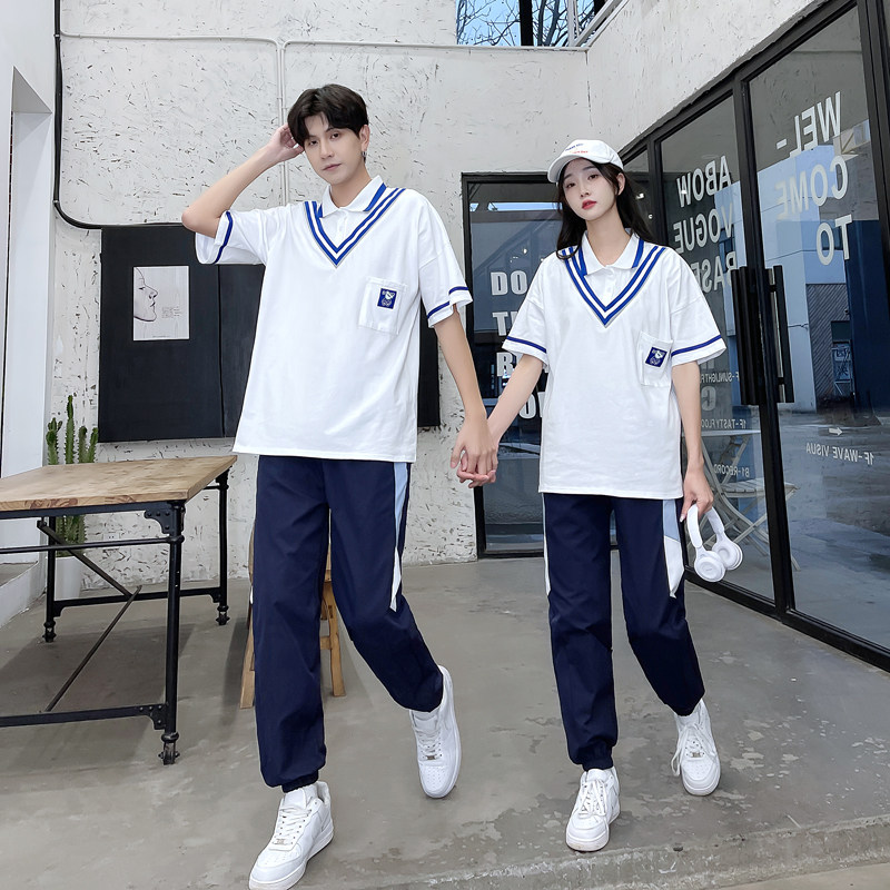 Xia Phi high school students graduation class uniforms couples wear summer short-sleeved loose college wind threaded collar tops school uniform suits