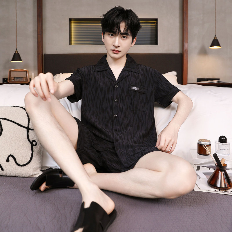 Men's Ice Silk Pajamas, Summer Short-Sleeved Shorts, Thin and Cool, Can Be Worn Outside, Men's Large Size Home Clothes, Summer Suit Men's Ice Silk Pajamas, Summer Short-Sleeved Shorts, Thin and Cool, Can Be Worn Outside, Men's Large Size Home Clothes, Summer Suit