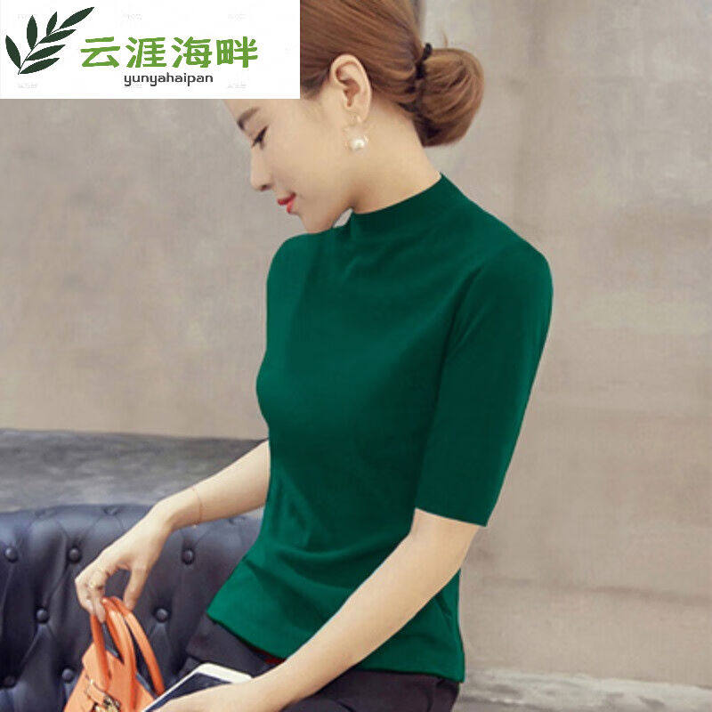 Early spring high collar half sleeve sweatshirt female half-cut sleeves Shirt Big Number Mid-Sleeve Half Autumn Winter Sweater in the bottom) - Taobao
