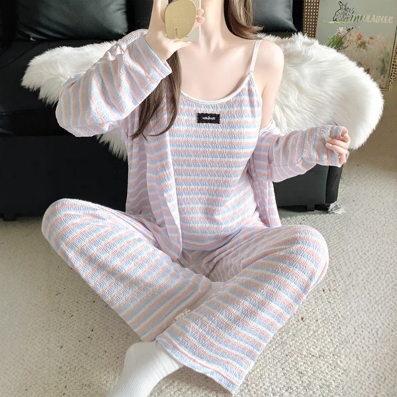 Striped Color-Block Three-Piece Pajama Set for Women with Chest Pads, 2025 Spring and Autumn Knitted Camisole, Long-Sleeved Top, Long Pants Loungewear Set