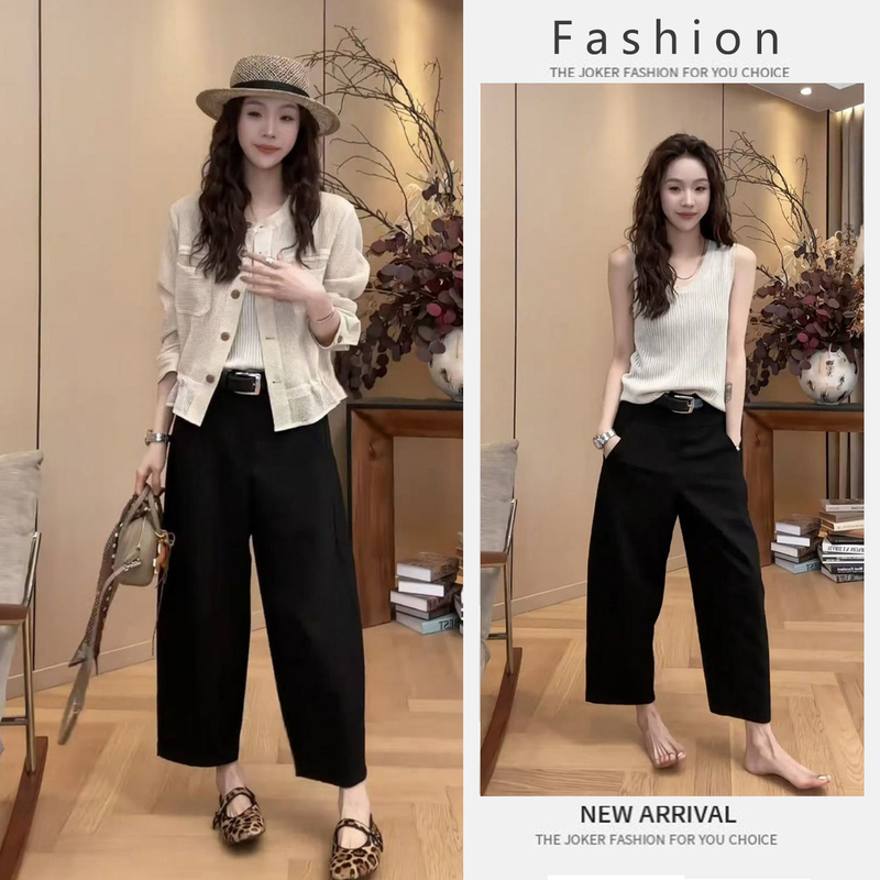 Summer Fashion Simple Hong Kong Style Retro Chic Solid Color Vest Thin Sun Protection Jacket High-Waisted Wide-Leg Pants Set Trendy