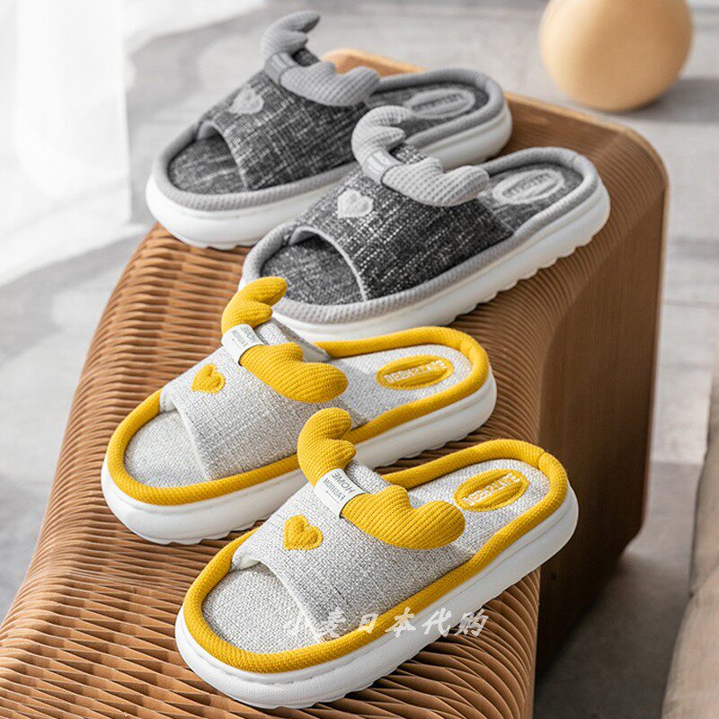 Japanese GP linen slippers women's home thick bottom non-slip cute household cotton and linen couple floor four seasons slippers