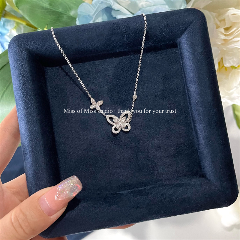 [模造ダイヤモンドバージョン] ファントムバタフライスターリングシルバーネックレスGFライトラグジュアリーニッチ鎖骨チェーンS925シルバー2匹の蝶