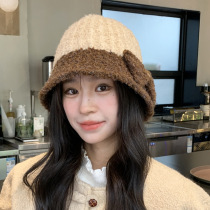 Autumn and winter bow fisherman hat womens Korean version temperament versatile color-blocked knitted basin hat new warm woolen hat