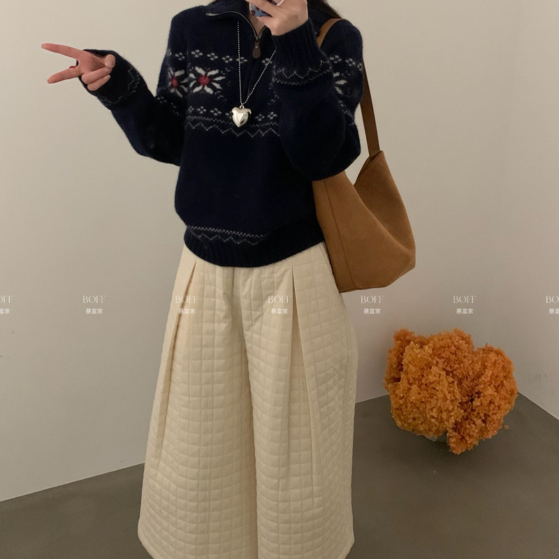 Ff Rich and Noble Korean Style Half-Zip Fair Isle Knitted Sweater (Contains 40% Wool) 81080