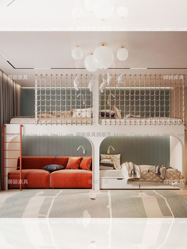 Modern Light Luxury Children's Bed, Bunk Bed for Twins, Large Double-Row Bed, Solid Wood Elevated Bed with Sofa Underneath