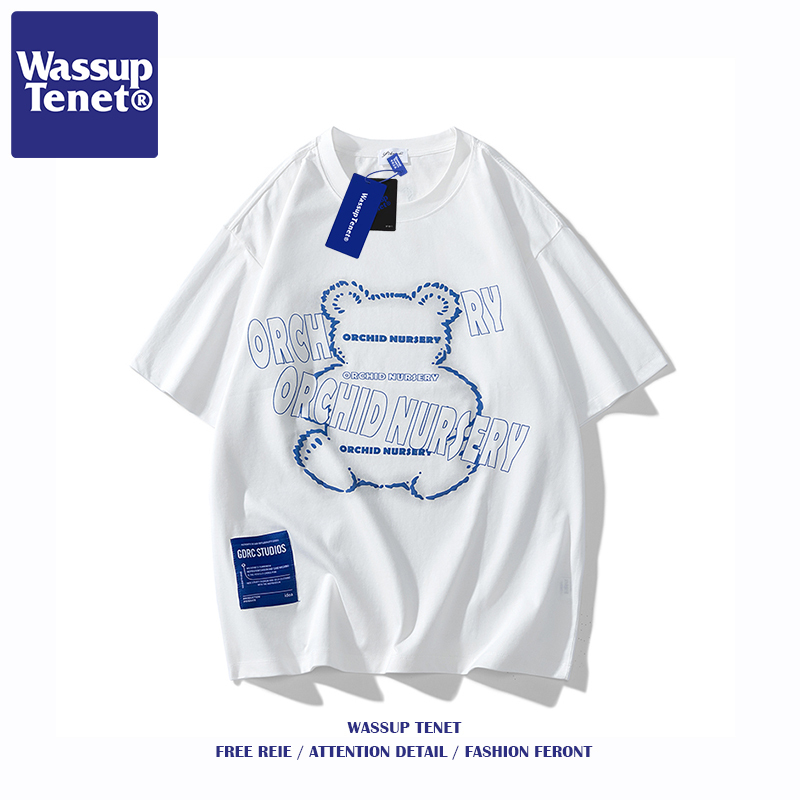 Wassup Tenet Trendy Cartoon Bear Short-Sleeved T-Shirt for Men, Summer Couple Loose-Fitting Versatile Casual Top