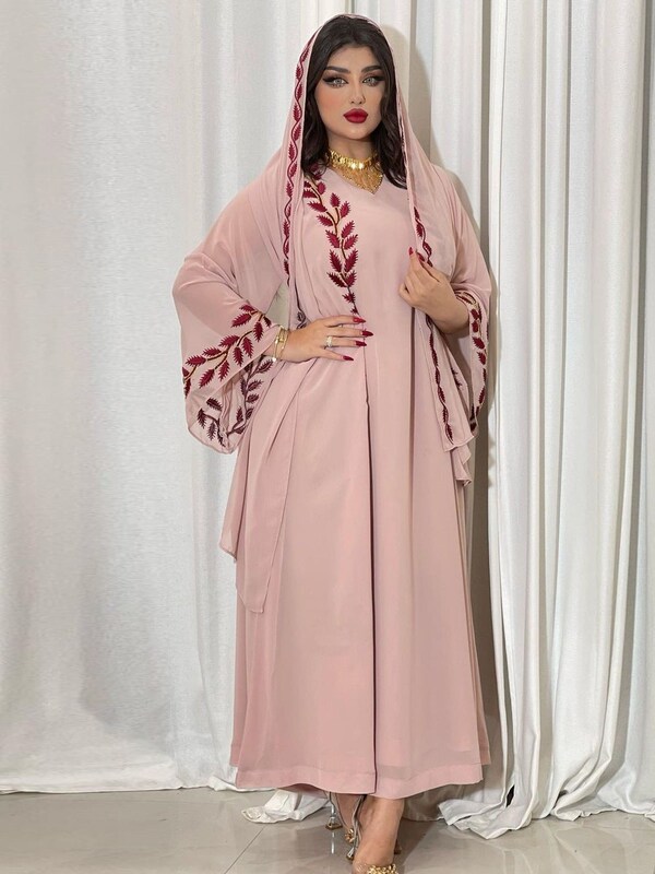 Malaysian Indonesian Embroidered Pink Round-Neck Robe Dress Dubai Arabic Long Jalabiya Malaysian Indonesian Embroidered Pink Round-Neck Robe Dress Dubai Arabic Long Jalabiya