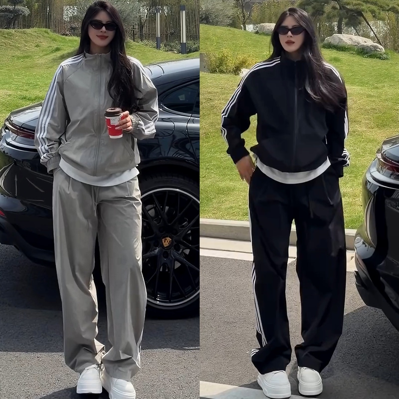 Spring and Summer New Striped Sun-Protective Casual Sports Suit for Men and Women, Trendy Versatile Stand-Up Collar Jacket and Casual Pants Two-Piece Set