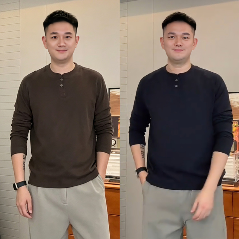 【Lyocell Tencel Wool Blend】High-End Simple Henry Collar Long-Sleeve T-Shirt for Men, Stretchy and Skin-Friendly Base Layer Shirt
