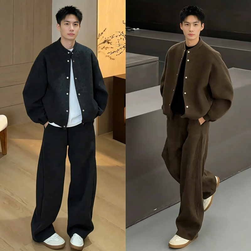 2026 Autumn Thickened Wool-Like Casual Sports Suit for Men, High-End Heavy Cardigan Jacket and Sweatpants Two-Piece Set