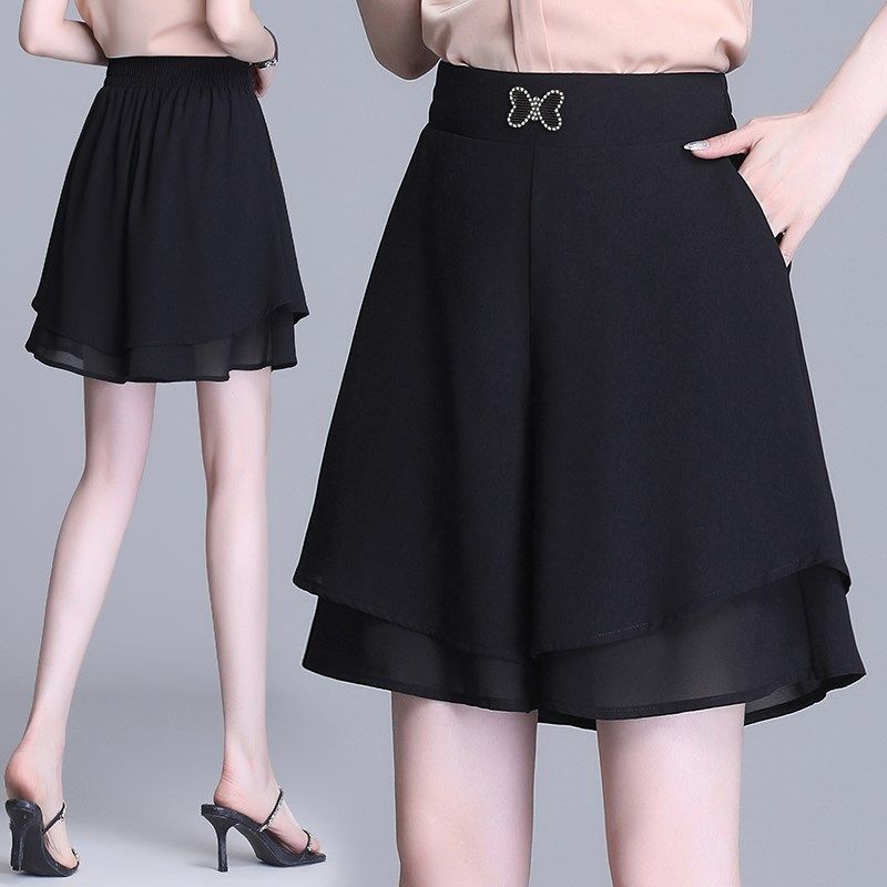 Qifen Women's Clothing Black Elastic High Waist Side Pockets Chiffon Short Culottes 2135-1