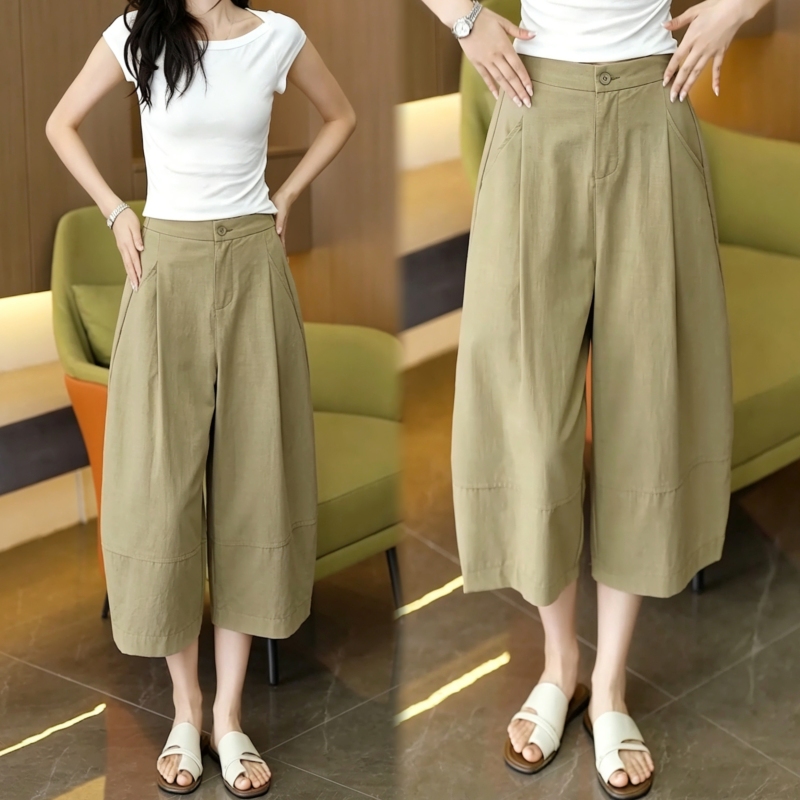 Old Money Style Tencel Cotton Eight-Point Balloon Pants for Women, 2026 Summer New Style, Loose Fit, Hip-Covering, Breathable, Scimitar Wide-Leg Seven-Point Pants