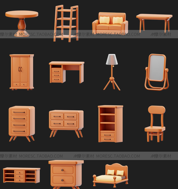 图片[4]-blender卡通原木家具C4D沙发书桌床书架衣柜fbx/obj模型素材附png-cg男孩