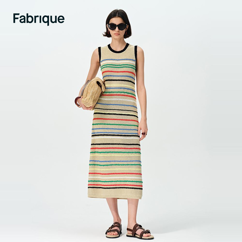 ファブリックレインボーストライプニットノースリーブドレス2025春新作ドライリネンベストロングドレス