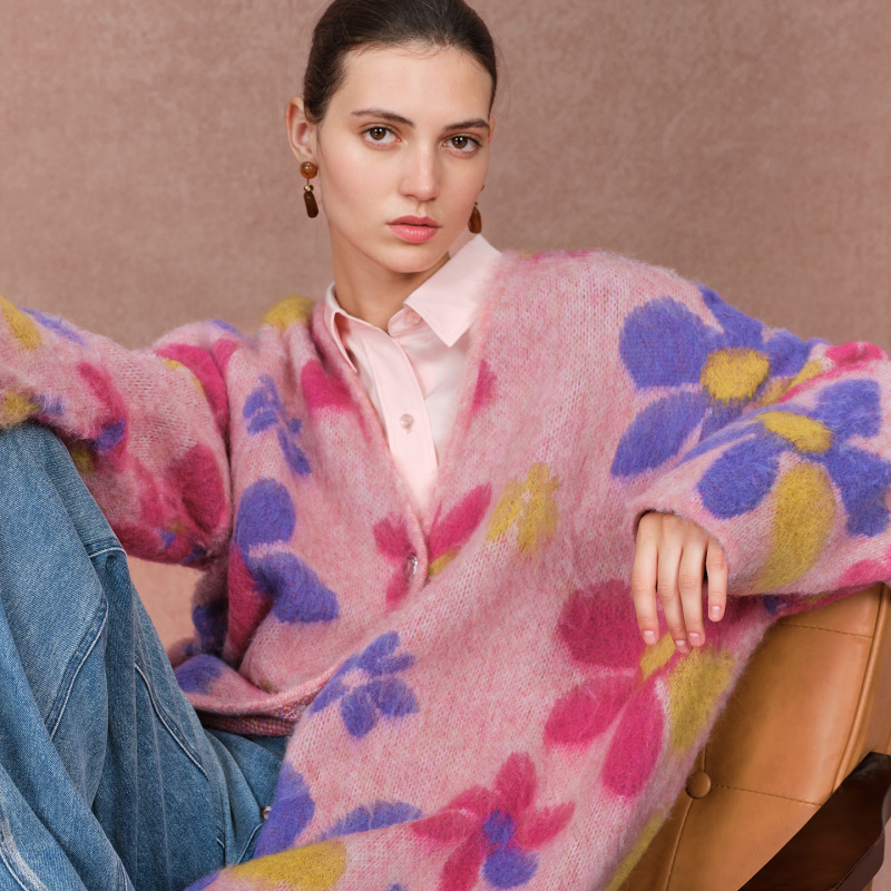 Fabrique Rainbow Back Garden Mohair Loose Sweater Jacquard Cardigan Knitwear for Women with a Sense of Design