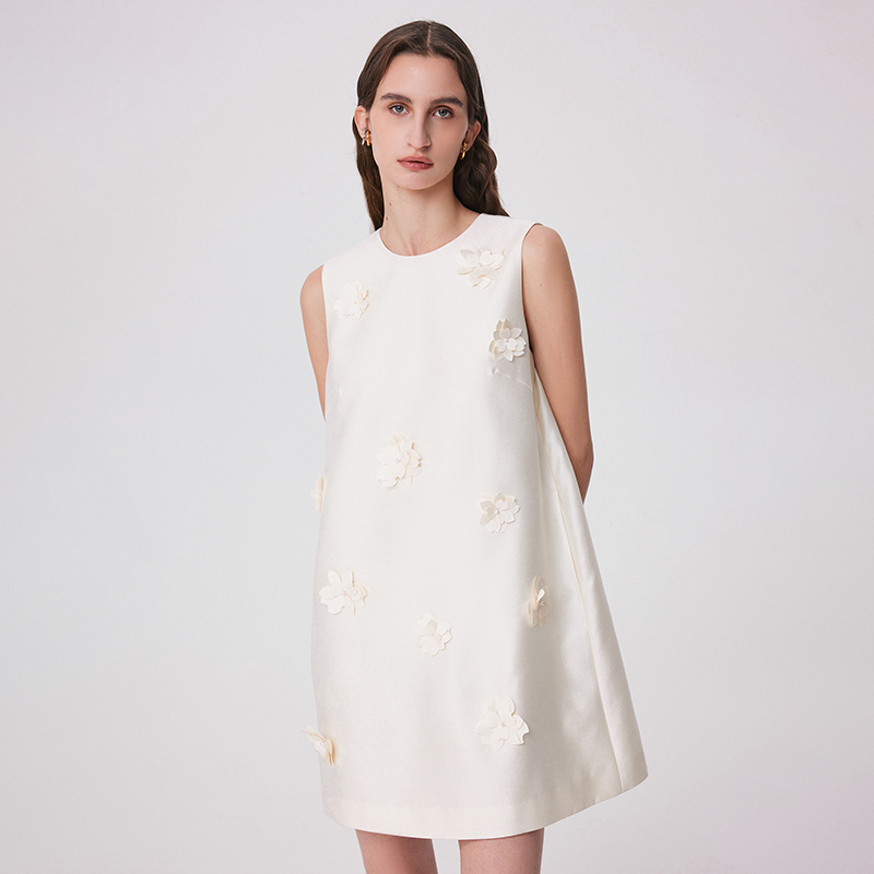Fabrique White Camellia Sleeveless White Silk Wool Dress Women's New French Style Little White Dress with a Sense of Design