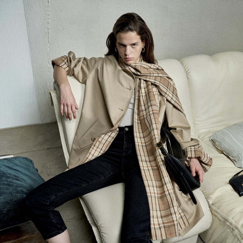 Fabrique Reversible Khaki Modern Plaid Trench Coat with Scarf and Belt, Cape Style, Fall 2026 Fabrique Reversible Khaki Modern Plaid Trench Coat with Scarf and Belt, Cape Style, Fall 2026