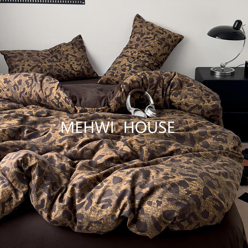 【Mehwi】 ins Leopard Print American Retro Melard Light Luxury Simple Skin-Friendly All-Season Three-Piece Set Four-Piece Set