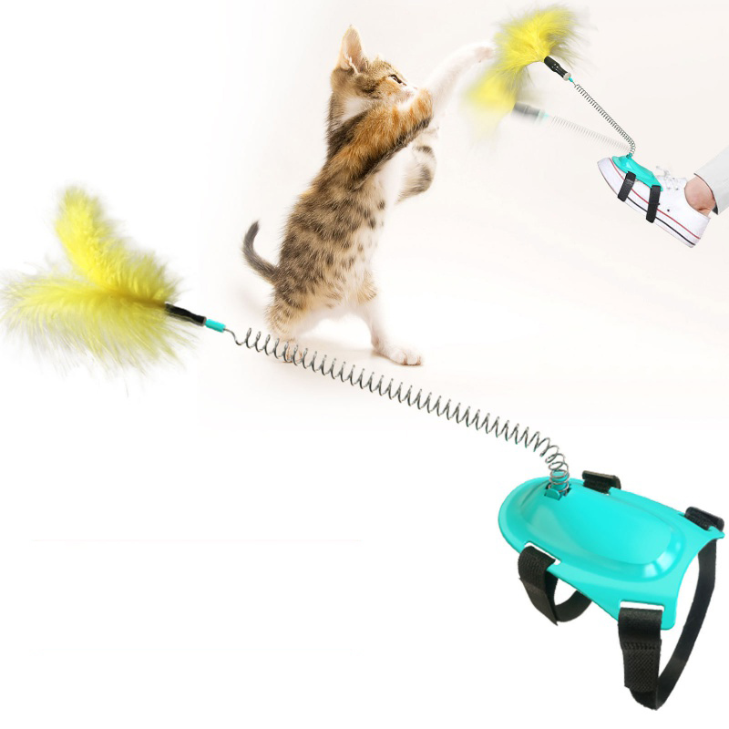 Joy-Handsome Little Feet Girl Teasing Cat Toy Spring Teasing Cat Feather Stick Kitty Interactive Toy Blue