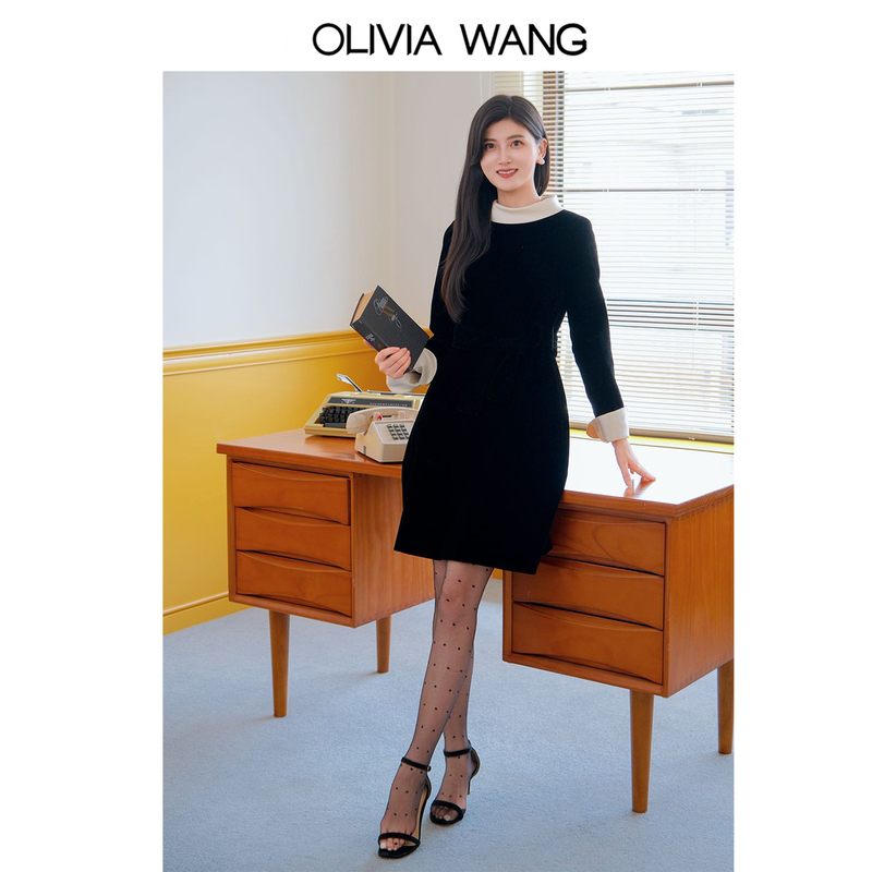 Olivia Wang's "Royal Velvet" Bud Collar Imported High-End Luxury Velvet Dress Little Black Dress