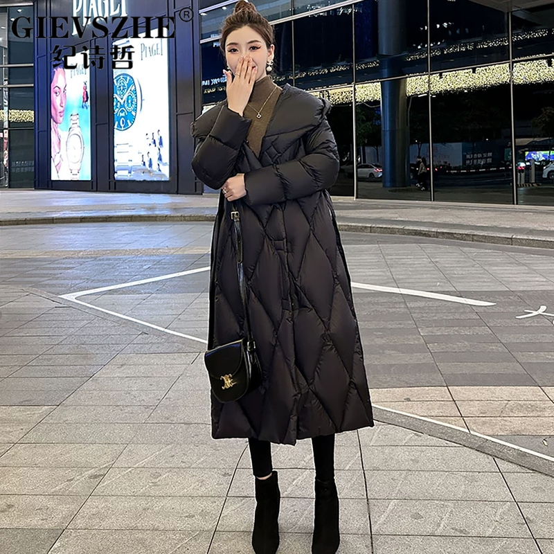 Ji Shizhe Fashion Loose Hooded down Jacket for Women 2026, Slimming with Drawstring, Thickened White Duck down Mid-Length Coat Ji Shizhe Fashion Loose Hooded down Jacket for Women 2026, Slimming with Drawstring, Thickened White Duck down Mid-Length Coat