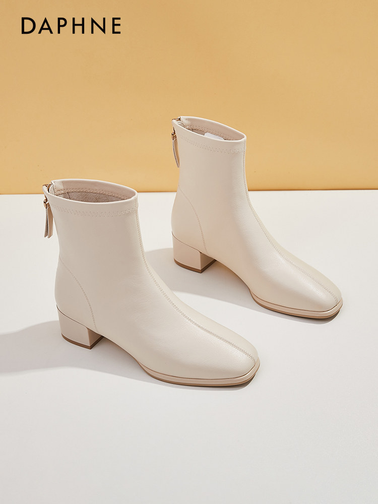 Daphne White Square-Toe Short Boots Autumn and Winter Chunky Heel High-Heeled Slim Boots Women's 2025 New Warm French Ankle Boots