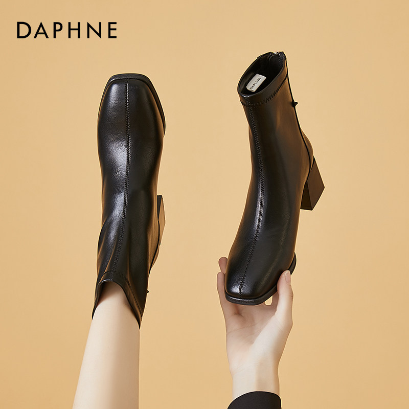 Daphne high-heeled short boots women's boots winter boots 2022 new square toe temperament French thick heel plus velvet thin boots